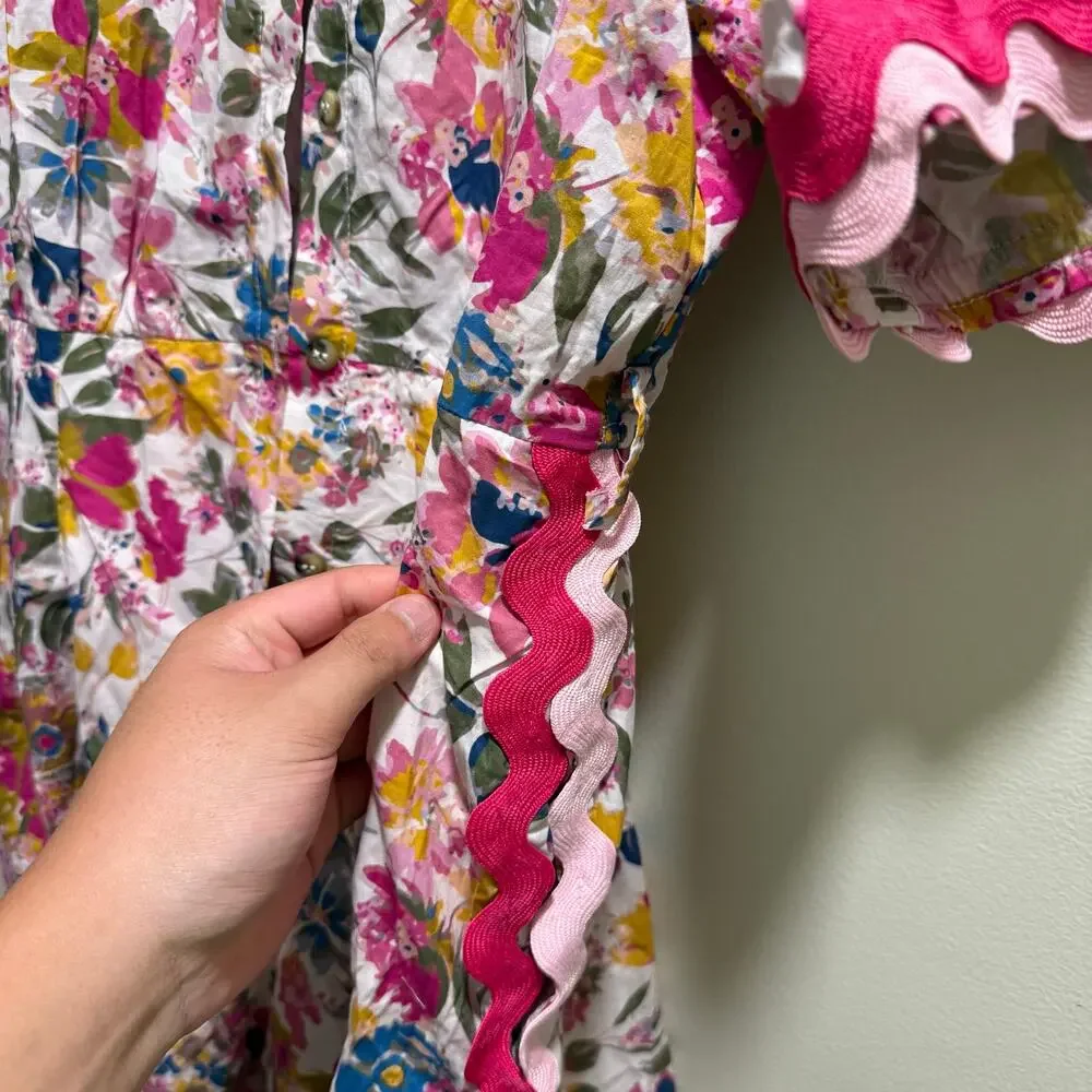 Entro Boutique | Preppy Summer Floral Ric Rac Trim Romper 100% Cotton Spring - Picture 7 of 13